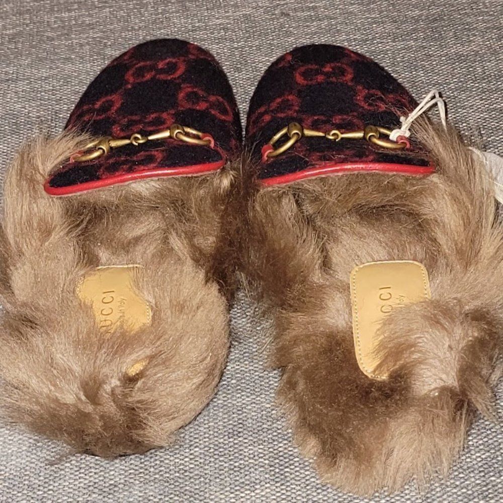 Gucci Women Blue Red & Wool GG Monogram Fur Princetown Mule Slippers 35 - Picture 4 of 16
